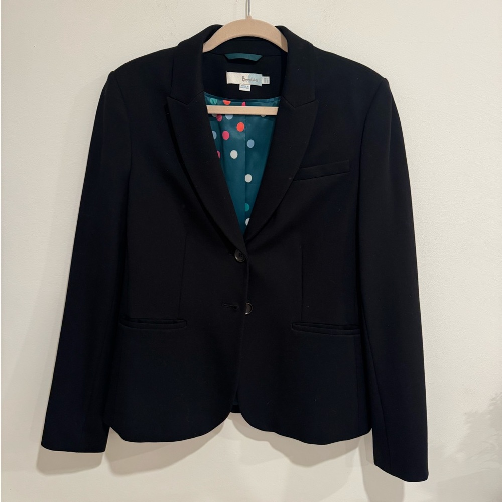 Boden Black Jacket with Vibrant Polka Dot Lining